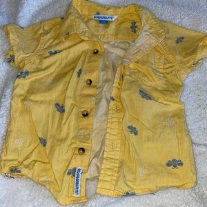 Rugged Butts yellow button down shirt with light blue bumblebees